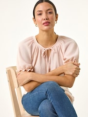 Roman Pink Tie Front Frill Sleeve Blouse - Image 1 of 5