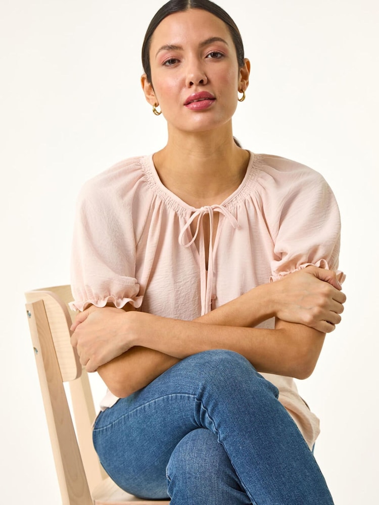 Roman Pink Tie Front Frill Sleeve Blouse - Image 1 of 5