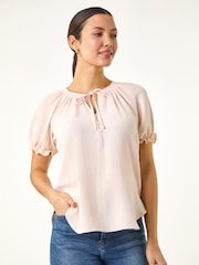 Roman Pink Tie Front Frill Sleeve Blouse - Image 4 of 5