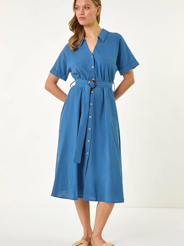 Roman Blue Linen Look Belted Shirt Dress - Image 2 of 5