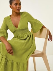 Roman Green Linen Look Shirred Midi Dress - Image 2 of 5