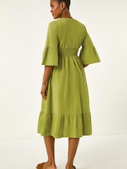 Roman Green Linen Look Shirred Midi Dress - Image 4 of 5