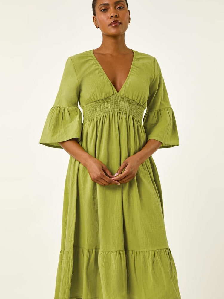 Roman Green Linen Look Shirred Midi Dress - Image 5 of 5