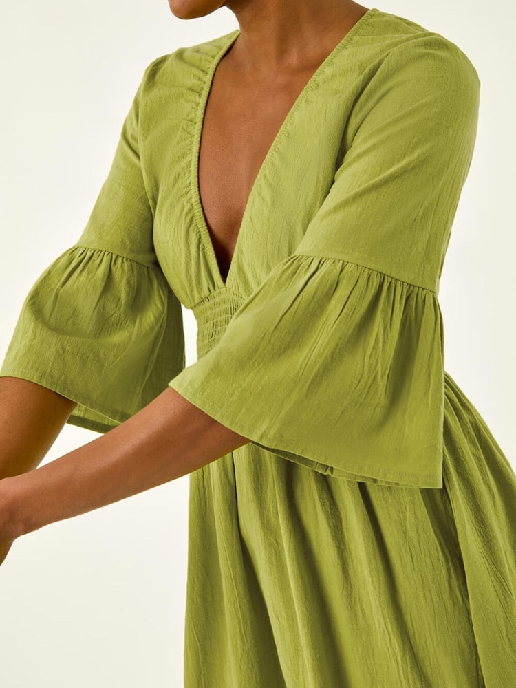 Verde - Roman Linen Look Shirred Midi Dress - Imagen 6 de 6