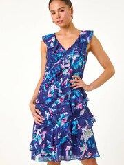 Roman Blue Petite Abstract Print Ruffle Shift Dress - Image 1 of 5