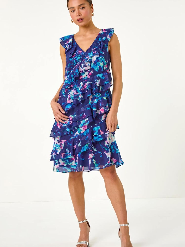Roman Blue Petite Abstract Print Ruffle Shift Dress - Image 2 of 5 Roman Blue Petite Abstract Print Ruffle Shift Dress - Image 2 of 5