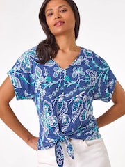 Roman Blue Textured Print Tie Hem Top - Image 1 of 5