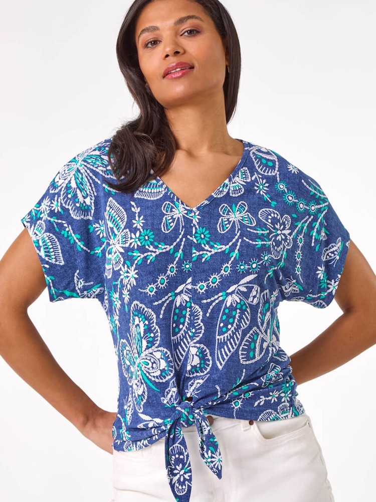 Roman Blue Textured Print Tie Hem Top - Image 1 of 5