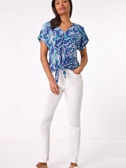 Roman Blue Textured Print Tie Hem Top - Image 2 of 5