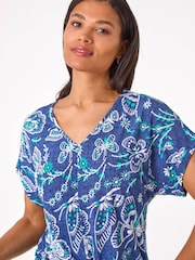 Roman Blue Textured Print Tie Hem Top - Image 4 of 5