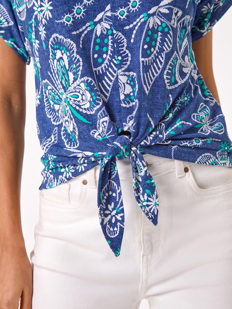 Roman Blue Textured Print Tie Hem Top - Image 5 of 5