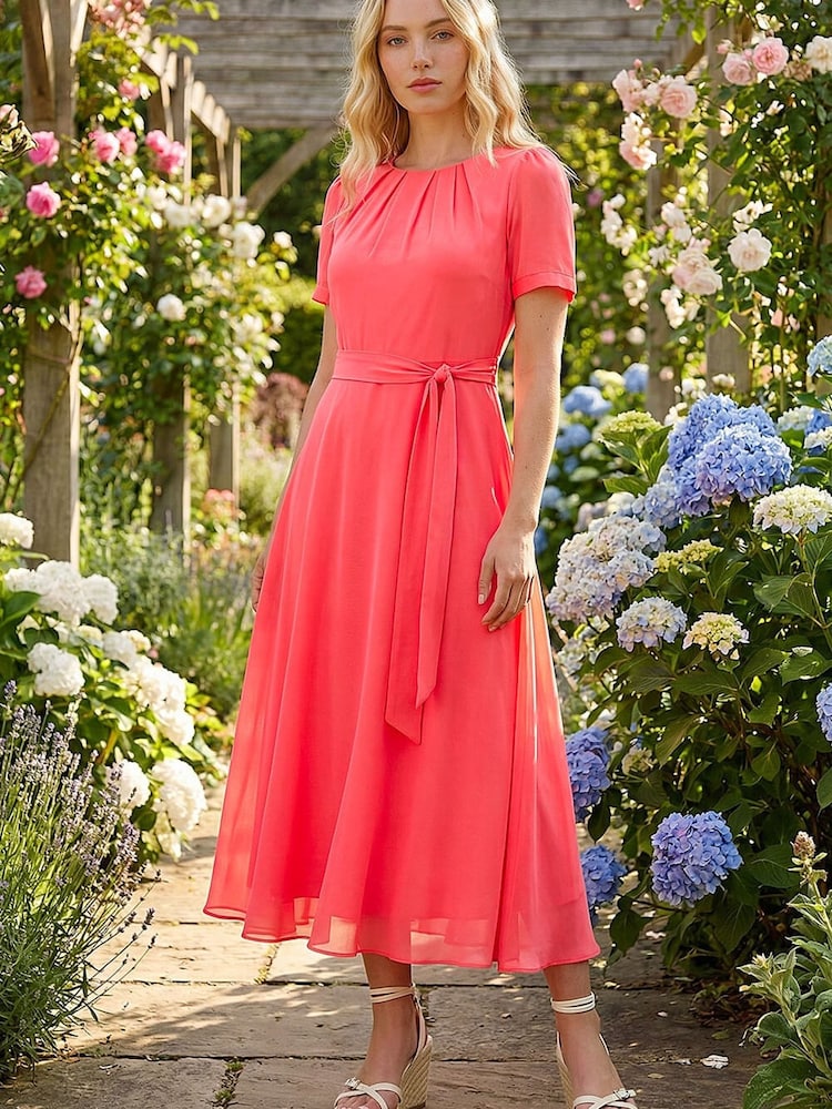 Roman Pink Pleated Chiffon Midi Dress - Image 1 of 5