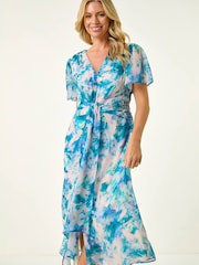 فستان متوسط الطول بكشكشة وطبعة تجريدية للأحجام الصغيرة من Roman - Image 1 of 5