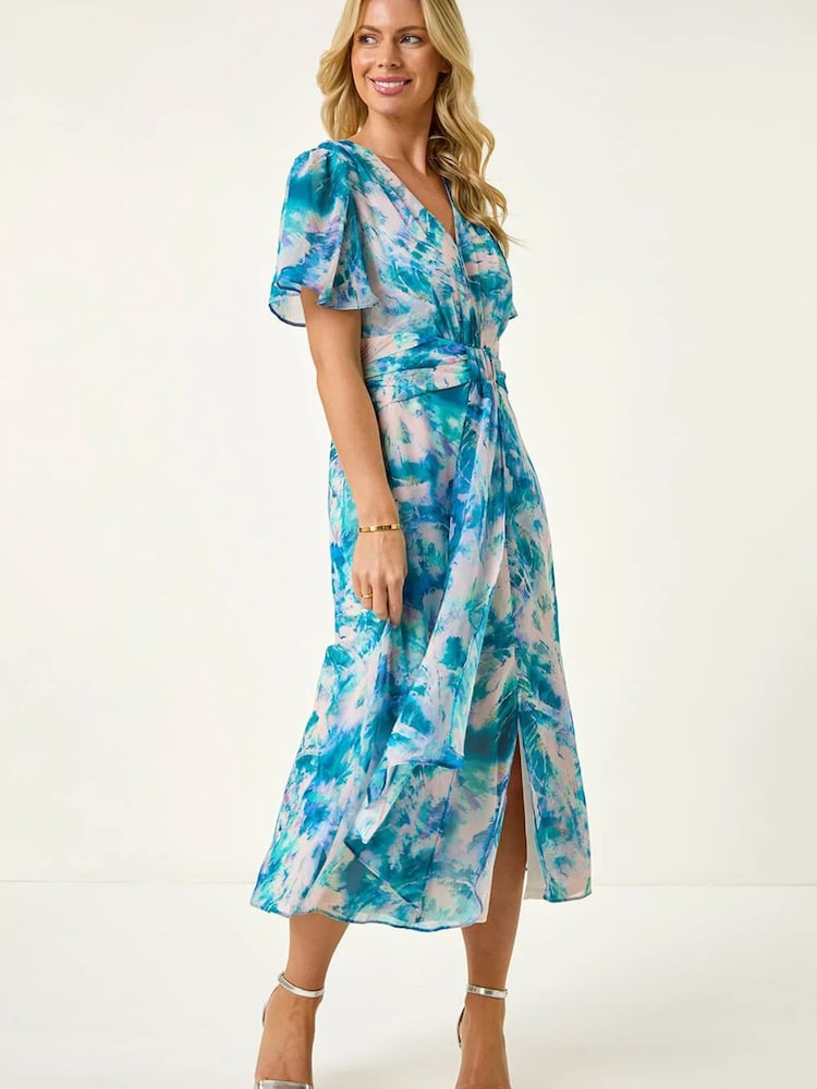 فستان متوسط الطول بكشكشة وطبعة تجريدية للأحجام الصغيرة من Roman - Image 2 of 5