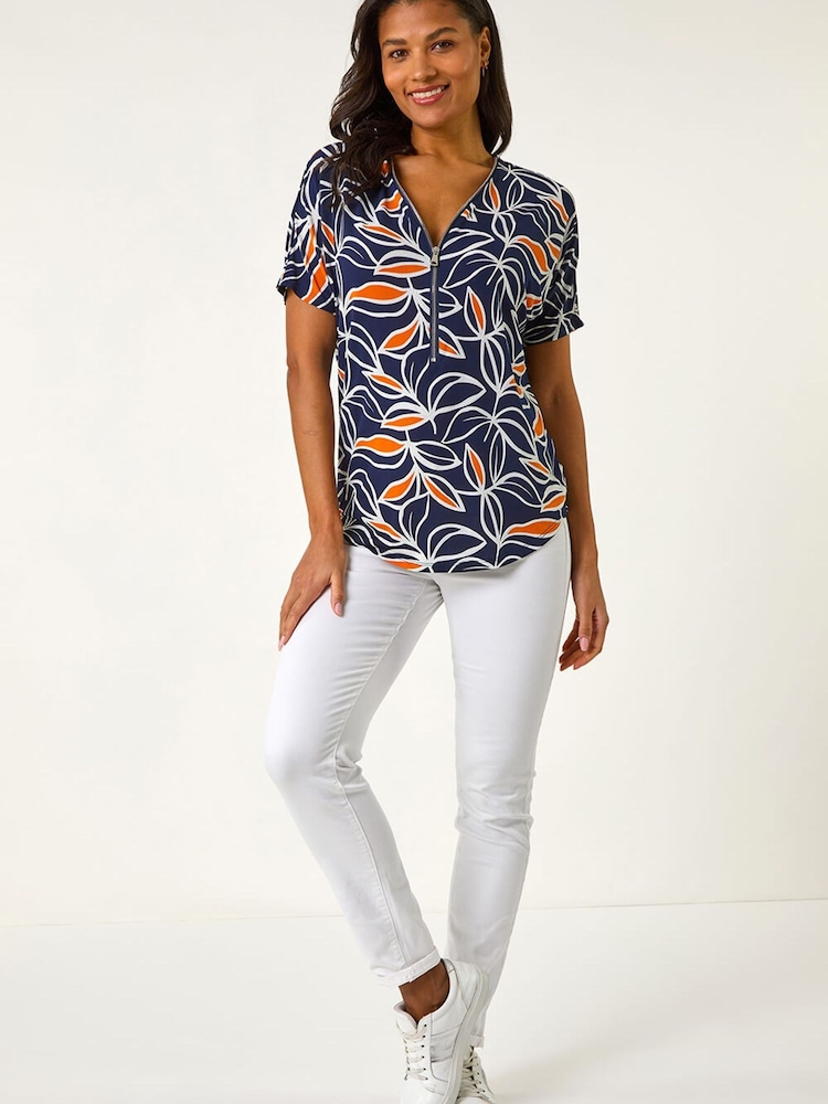 Roman Orange Textured Print Zip Detail Top - Image 2 of 5