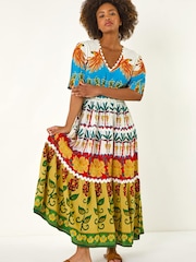 Roman Red Tropical Print V-Neck Maxi Dress - Image 2 of 5