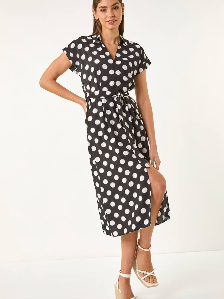 فستان متوسط الطول متوسط الطول مع حزام وطبعة منقطة من Roman - Image 1 of 5