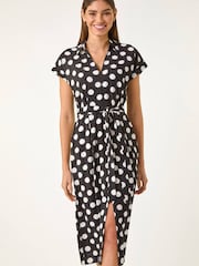 فستان متوسط الطول متوسط الطول مع حزام وطبعة منقطة من Roman - Image 4 of 5