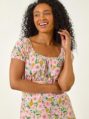 Roman Pink Petite Floral Print Frill Stretch Dress - Image 4 of 5