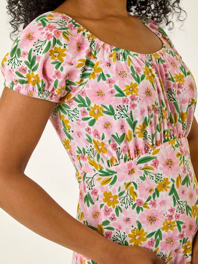 Roman Pink Petite Floral Print Frill Stretch Dress - Image 5 of 5