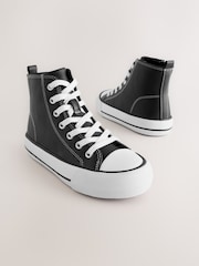 Black Faux Leather Standard Fit (F) Lace Up High Top Trainers - Image 2 of 5