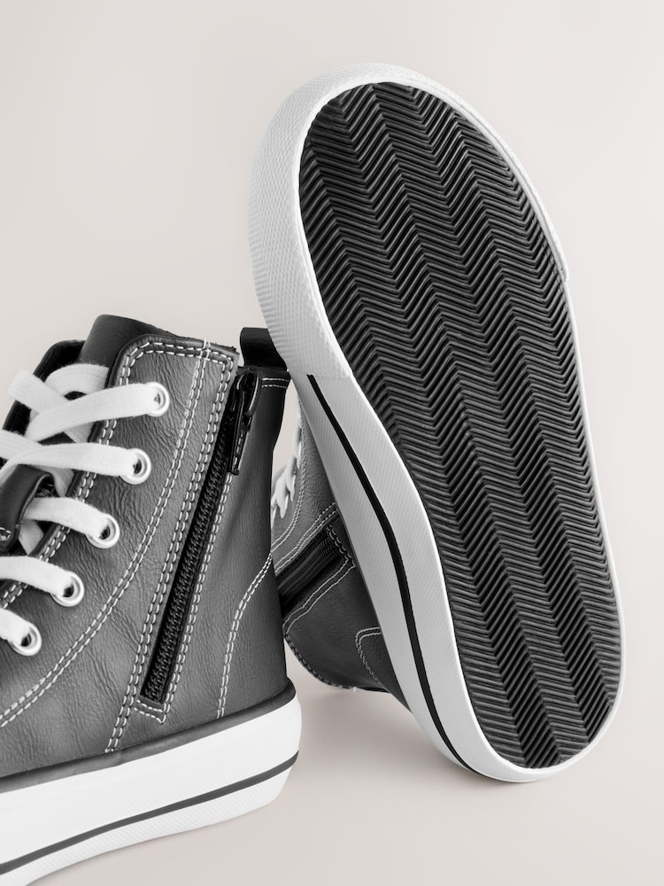Black Faux Leather Standard Fit (F) Lace Up High Top Trainers - Image 5 of 5