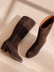 Love & Roses Chocolate Brown Faux Suede High Leg Zipped Mid Heel Riding Boots - Image 1 of 7