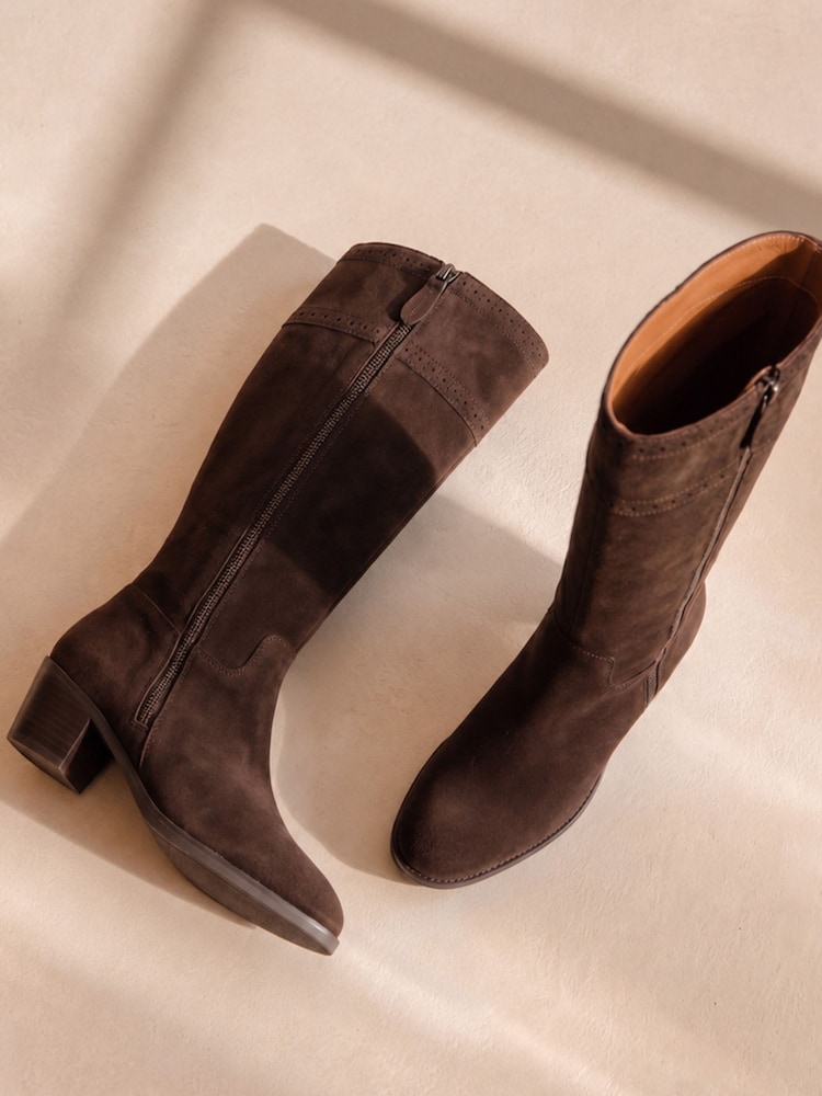 Love & Roses Chocolate Brown Faux Suede High Leg Zipped Mid Heel Riding Boots - Image 1 of 7 Love & Roses Chocolate Brown Faux Suede High Leg Zipped Mid Heel Riding Boots - Image 1 of 7