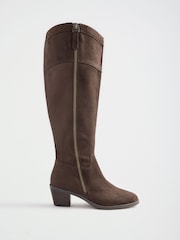 Love & Roses Chocolate Brown Faux Suede High Leg Zipped Mid Heel Riding Boots - Image 5 of 7