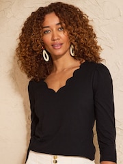 Love & Roses Black Petite 3/4 Sleeve Scallop V-Neck Jersey Top - Image 4 of 4