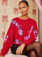أحمر - Love & Roses Sequin Cracker Crew Neck Christmas Sweatshirt - صورة 1 من 5