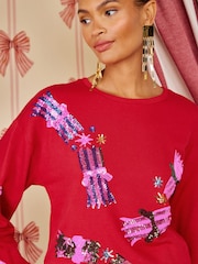 أحمر - Love & Roses Sequin Cracker Crew Neck Christmas Sweatshirt - صورة 2 من 5
