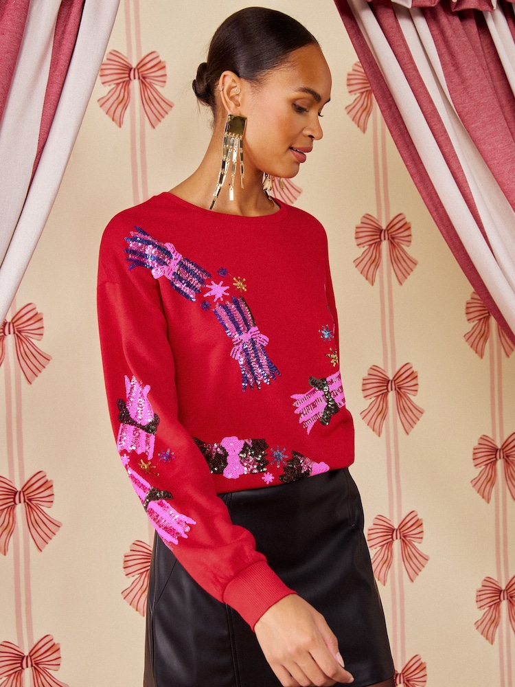 أحمر - Love & Roses Sequin Cracker Crew Neck Christmas Sweatshirt - صورة 5 من 5