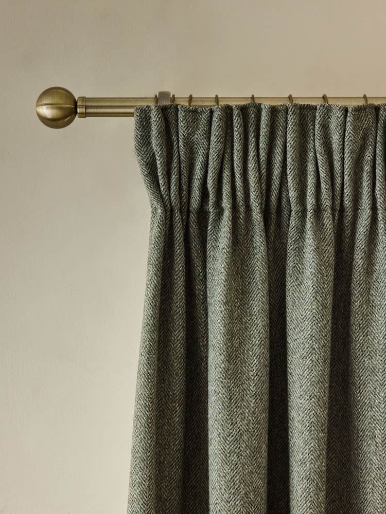 Green Blackout/Thermal Brushed Herringbone Pencil Pleat Curtains - Image 1 of 7 Green Blackout/Thermal Brushed Herringbone Pencil Pleat Curtains - Image 1 of 7