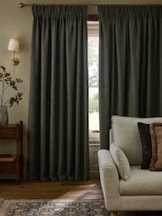 Green Blackout/Thermal Brushed Herringbone Pencil Pleat Curtains - Image 5 of 7