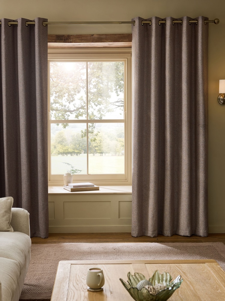 Brown Brushed Herringbone Eyelet Blackout/Thermal Curtains - Image 2 of 5