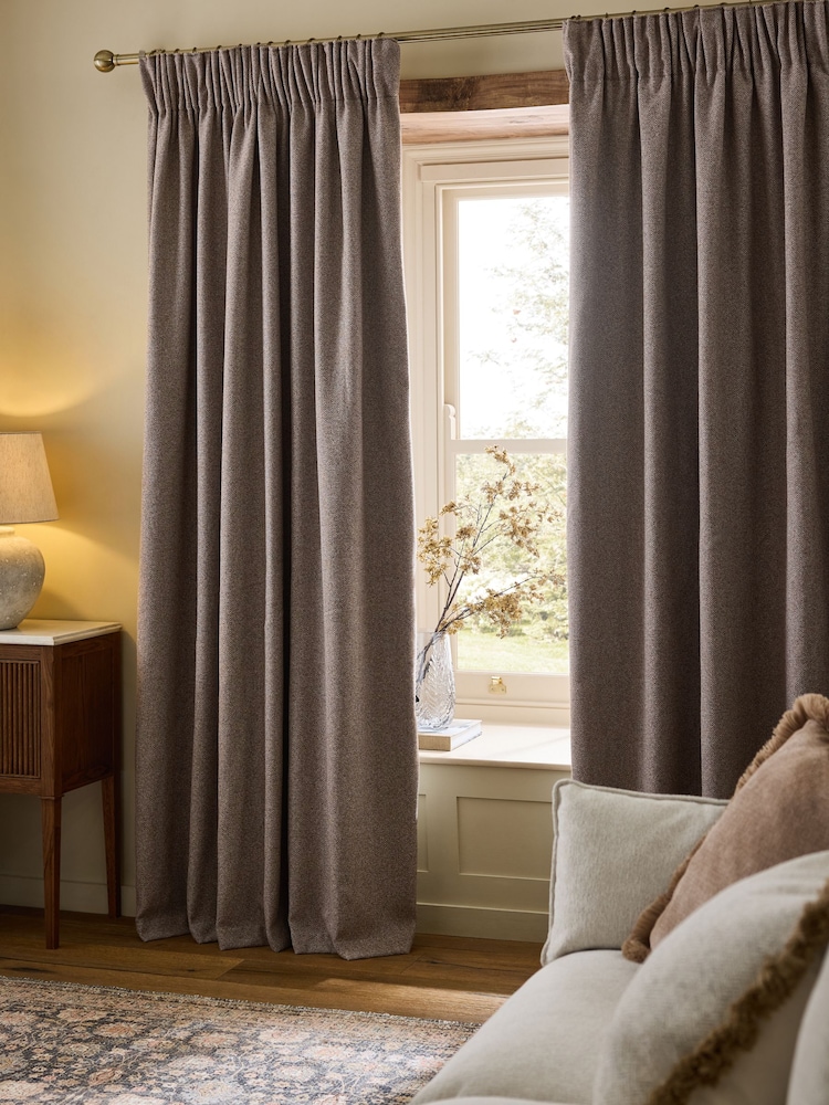 Brown Blackout/Thermal Brushed Herringbone Pencil Pleat Curtains - Image 2 of 5