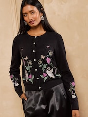 Love & Roses X V&A Black Embroidered Floral Swan Detail Crew Neck Knitted Cardigan - Image 2 of 6
