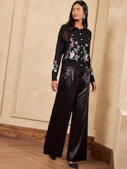Love & Roses X V&A Black Embroidered Floral Swan Detail Crew Neck Knitted Cardigan - Image 3 of 6