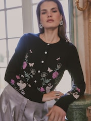 Love & Roses X V&A Black Embroidered Floral Swan Detail Crew Neck Knitted Cardigan - Image 4 of 6