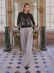 Love & Roses X V&A Black Embroidered Floral Swan Detail Crew Neck Knitted Cardigan - Image 5 of 6