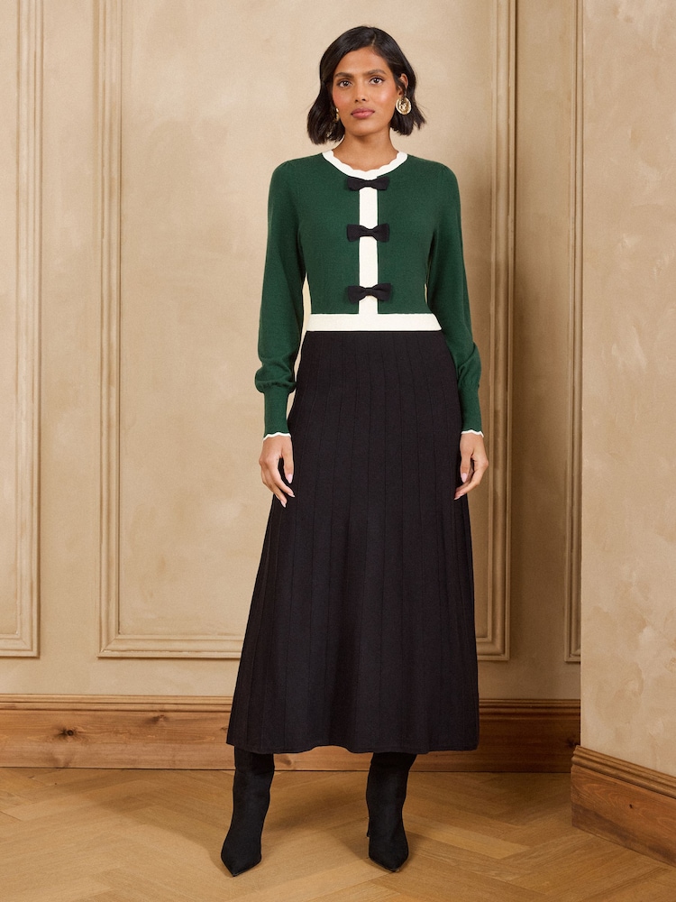 Love & Roses Green And Black Petite Bow Detail Crew Neck Knitted Midi Dress - Image 1 of 6
