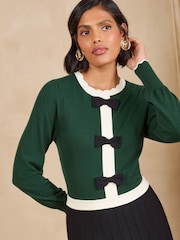 Love & Roses Green And Black Petite Bow Detail Crew Neck Knitted Midi Dress - Image 2 of 6