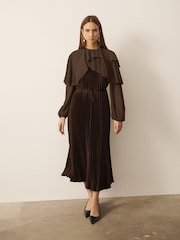 CERENE Jade Brown Long Sleeve Pleated Satin Midi Dress - Image 1 of 10