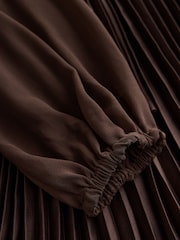 CERENE Jade Brown Long Sleeve Pleated Satin Midi Dress - Image 10 of 10