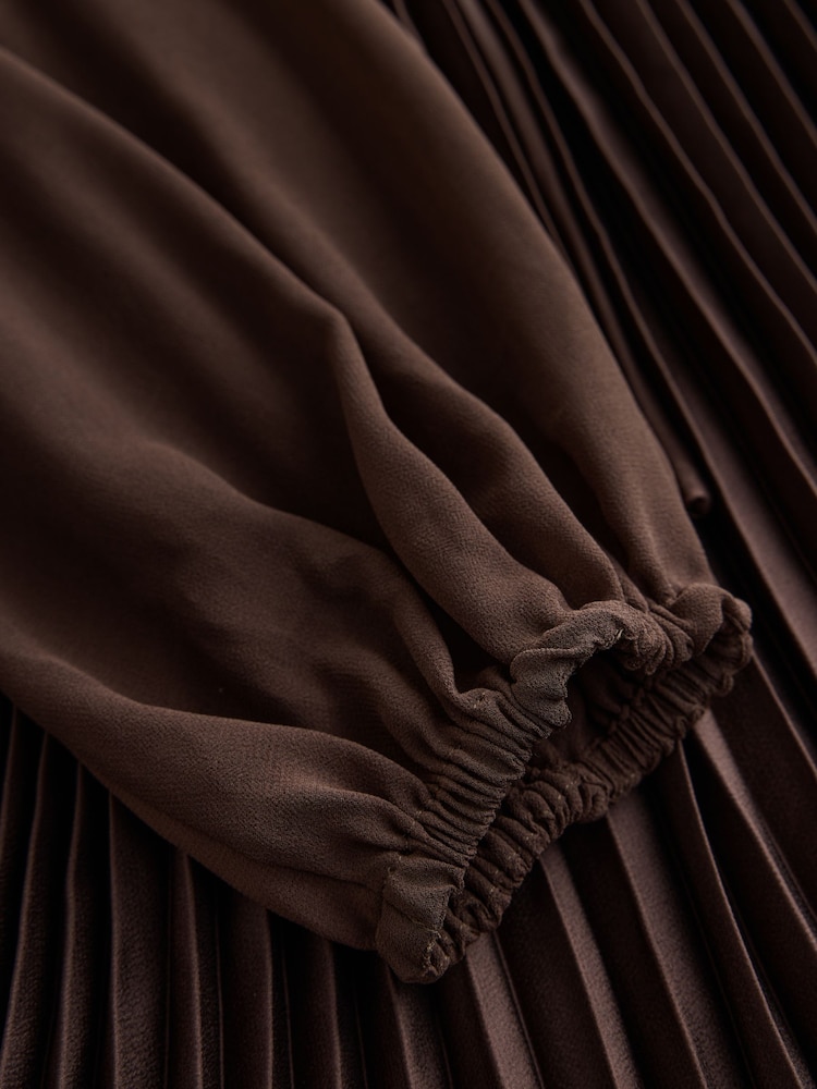 CERENE Jade Brown Long Sleeve Pleated Satin Midi Dress - Image 10 of 10 CERENE Jade Brown Long Sleeve Pleated Satin Midi Dress - Image 10 of 10