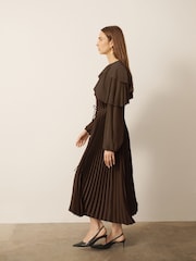 CERENE Jade Brown Long Sleeve Pleated Satin Midi Dress - Image 2 of 10