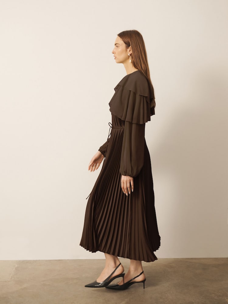 CERENE Jade Brown Long Sleeve Pleated Satin Midi Dress - Image 2 of 10 CERENE Jade Brown Long Sleeve Pleated Satin Midi Dress - Image 2 of 10