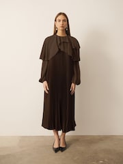 CERENE Jade Brown Long Sleeve Pleated Satin Midi Dress - Image 3 of 10