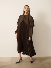 CERENE Jade Brown Long Sleeve Pleated Satin Midi Dress - Image 4 of 10